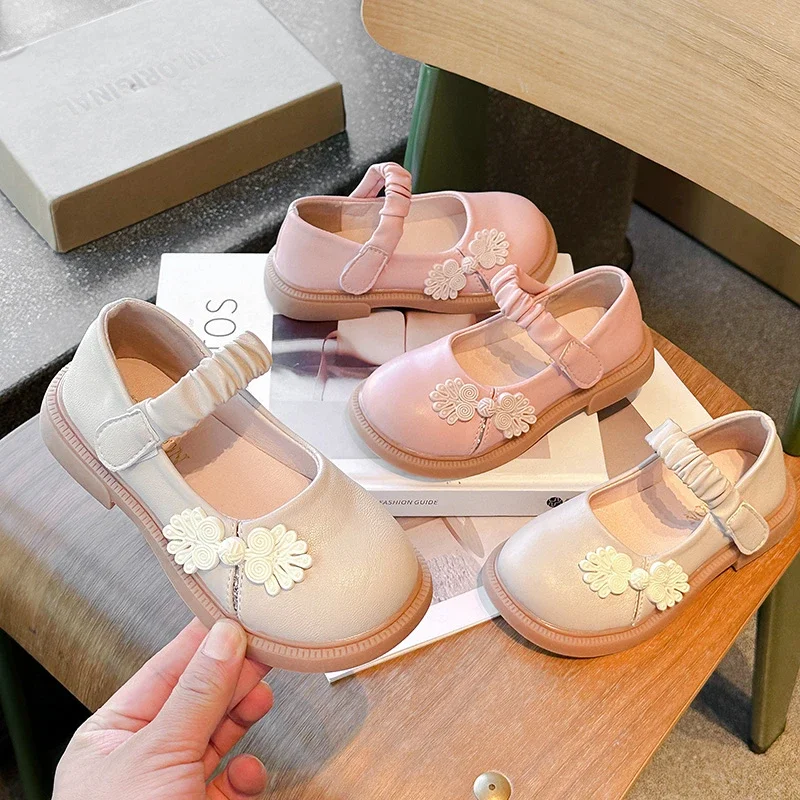 Elegant Girl Princess Shoes Beige Pink Versatile Children Leather Shoes Causal Toddlers Wedding Party Kids Fashion Flat Shoes