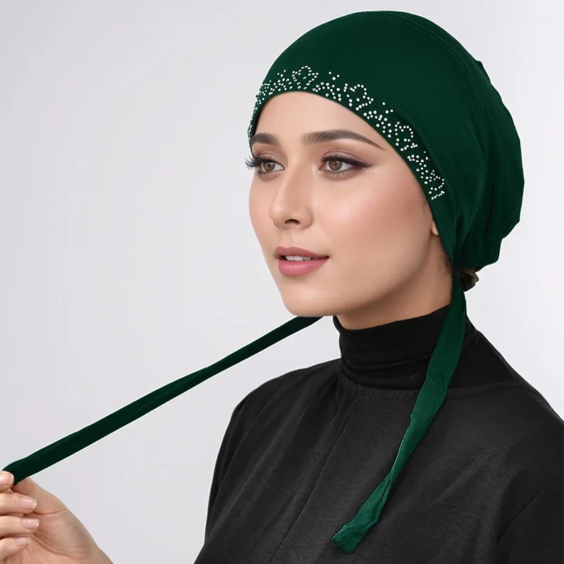 

Shimmer Colored Rhinestone Hijab Muslim Tie Back Caps Women Solid Color Undercaps Shiny Elastic Inner Hijab Soft Jersey Turban