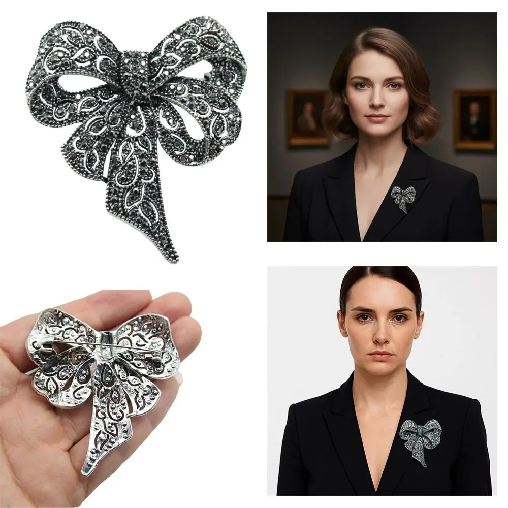 Black Rhinestone Memorial Black Bow Brooch Large Bowknot Shining Crystal Rhinestone Brooch Vintage Pin For Funerals and Mourning