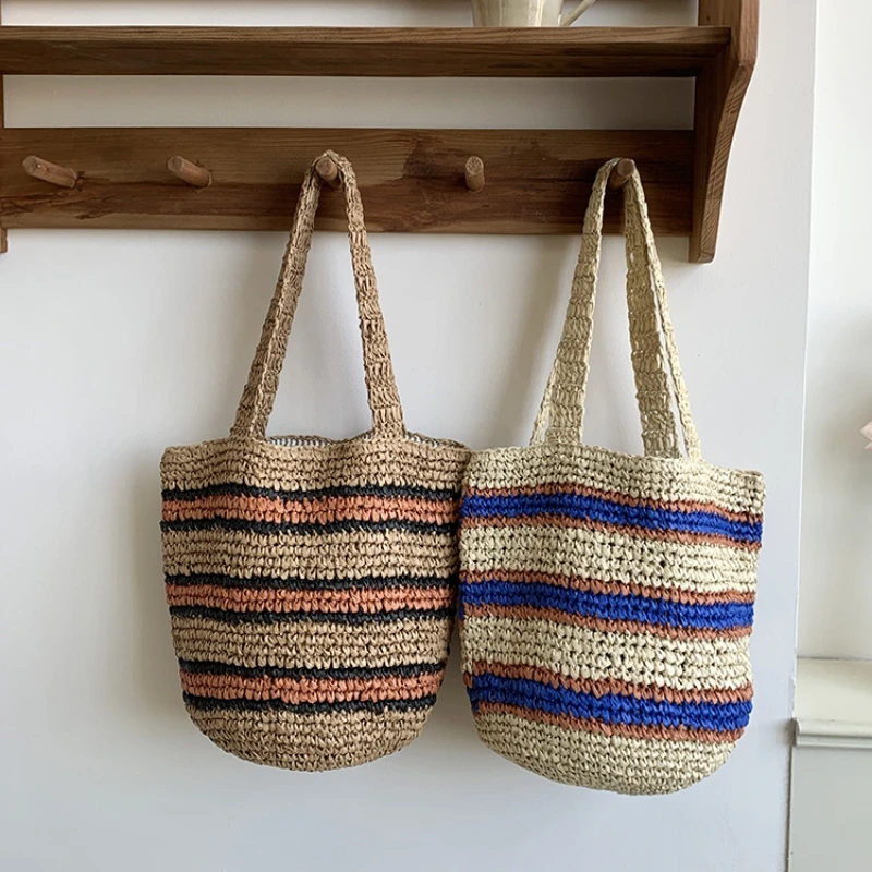Summer Handmade Woven Striped Straw Bag Large Capacity Underarm Bucket Bag Fashion Color Contrast Vacation Beach Shoulder Bag