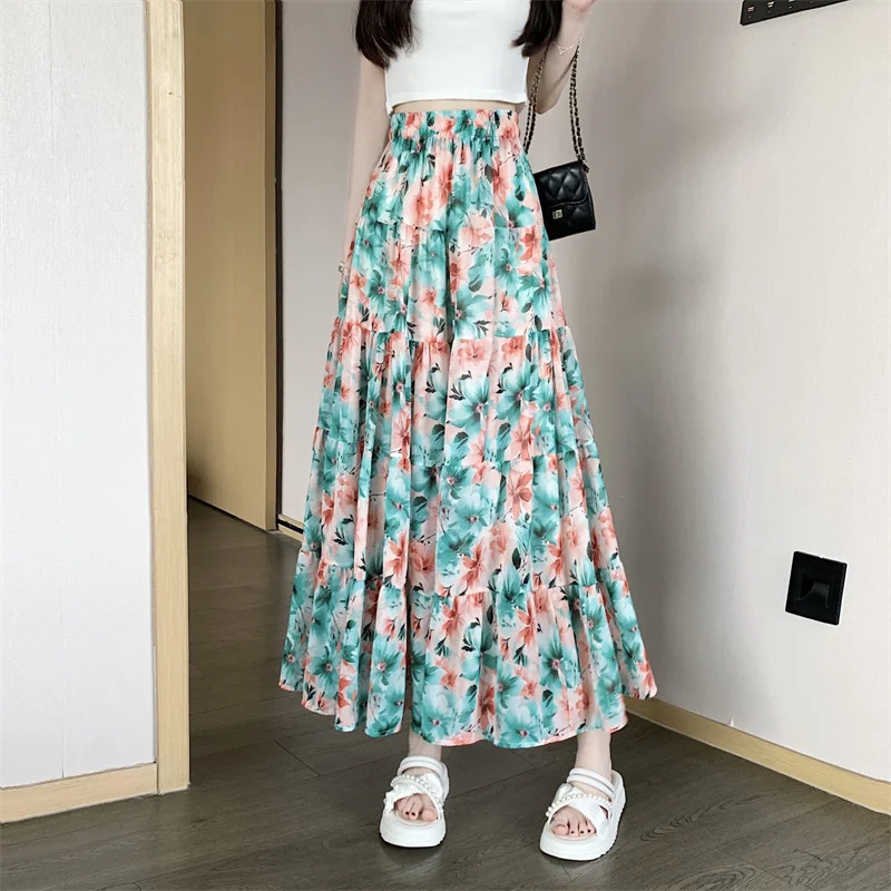 Green Floral Chiffon Half Skirt Elastic Waist Travel Holiday Beach Long Dress Women's High Waist A-Line Skirt Vintage Style
