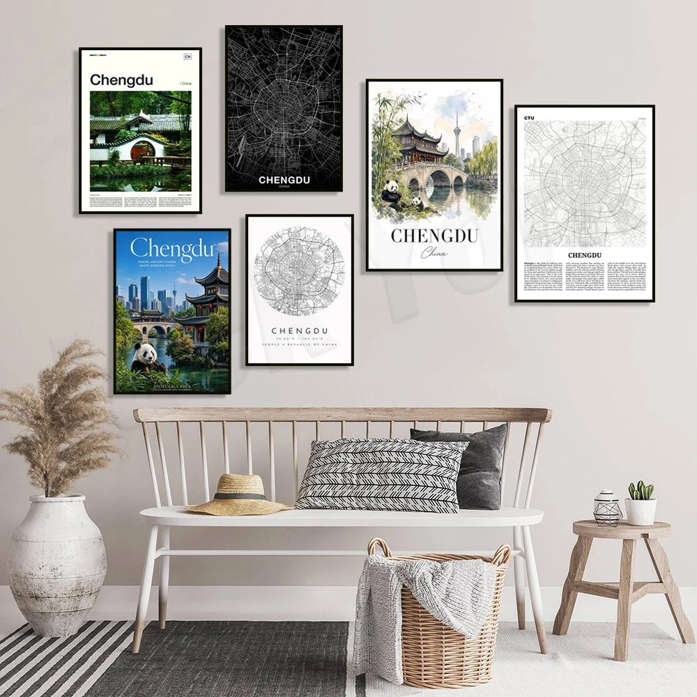 Chengdu, China map prints, minimalist urban art, travel posters, modern home decor, office decorations.