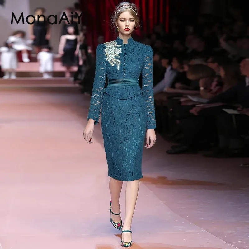 

MonaAiYi 2023 New Fashion Runway Designer Women's Standing Collar Long Sleeved Lace Sequin Wrap Buttocks Princess Style Dress