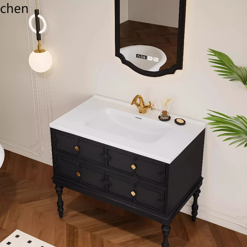 ZML small apartment retro style floor-to-ceiling ceramic integrated basin rubber wood bathroom cabinet washstand