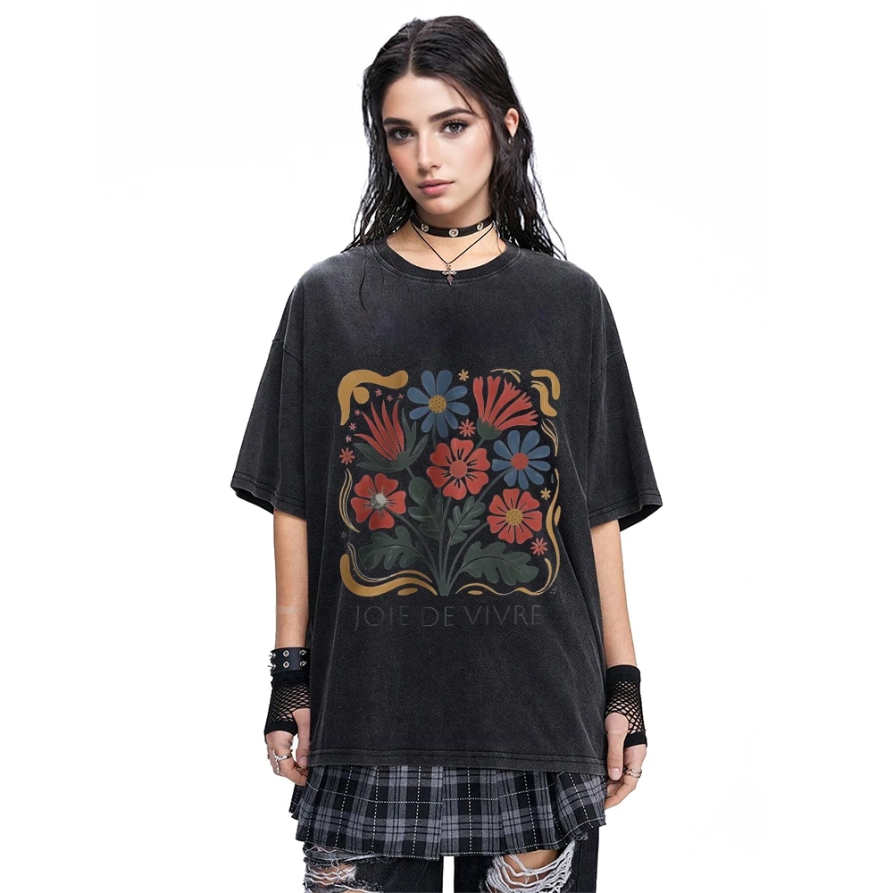 

Diverse Design Unisex Tshirt Vintage Floral Print Washed Short Sleeve Retro Streetwear Hip-hop Top Summer New Comfortable Cotton