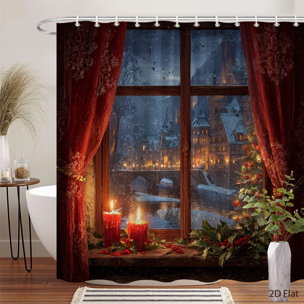 1pc 2D Flat Shower Curtain, Winter Village Candles & Holly Christmas Printed Shower Curtain, Decor for Bathroom