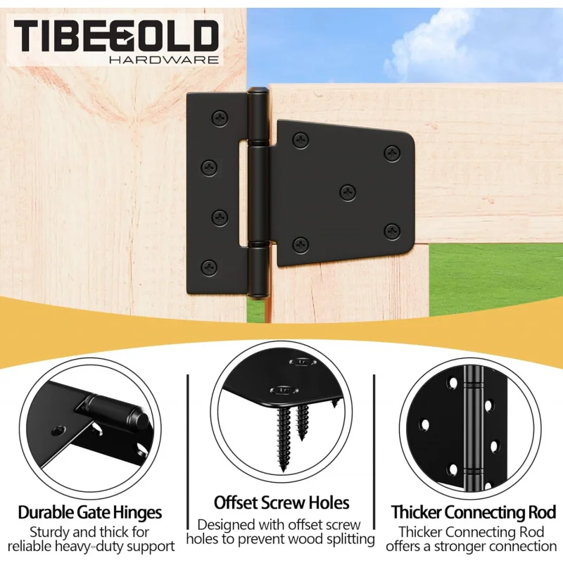 مفصلات بوابة شديدة التحمل مقاس 3-1/2 بوصة، مفصلات أبواب الحظيرة الحديدية السوداء، مفصل حزام البوابة مع براغي طويلة، مفصلات على شكل حرف T، فين خشبي #3