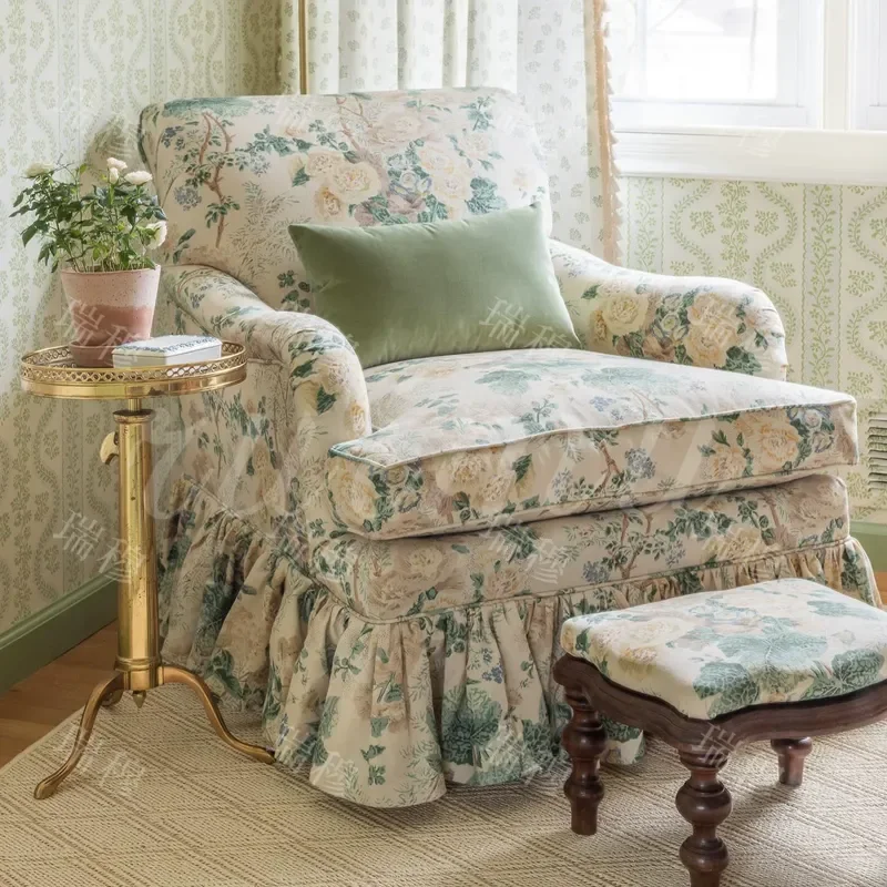 Red Printed Solid Wood Sofa Chair Retro Fabric Single Chair for Living Room Bedroom Balcony Leisure Seating