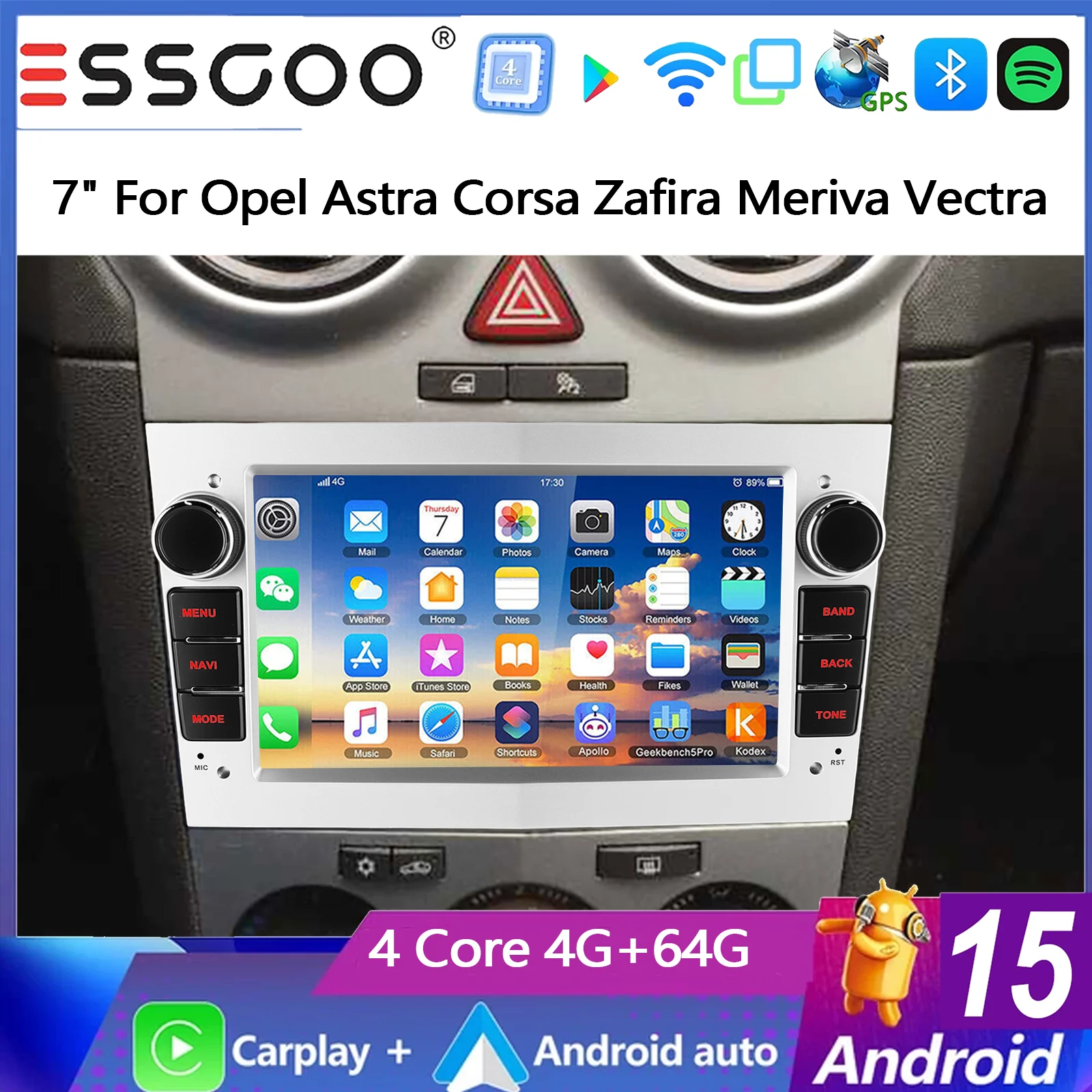 ESSGOO 7 Zoll 4+64G Android 15 Autoradio für Opel/Vauxhall Astra Corsa Zafira Meriva Vectra Combo Signum mit kabellosem Carplay, Android Auto, GPS-Navigation, Bluetooth, FM, SWC, Wifi, RDS, ASP, IPS