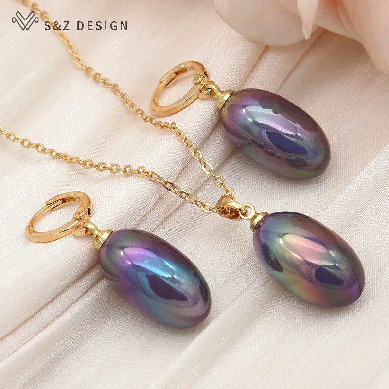 S&Z DESIGN New Fashion Luxury Egg Shape Colorful Oval Bead Drop Earrings Jewelry Sets For Women Wedding Pendant Necklace Gift