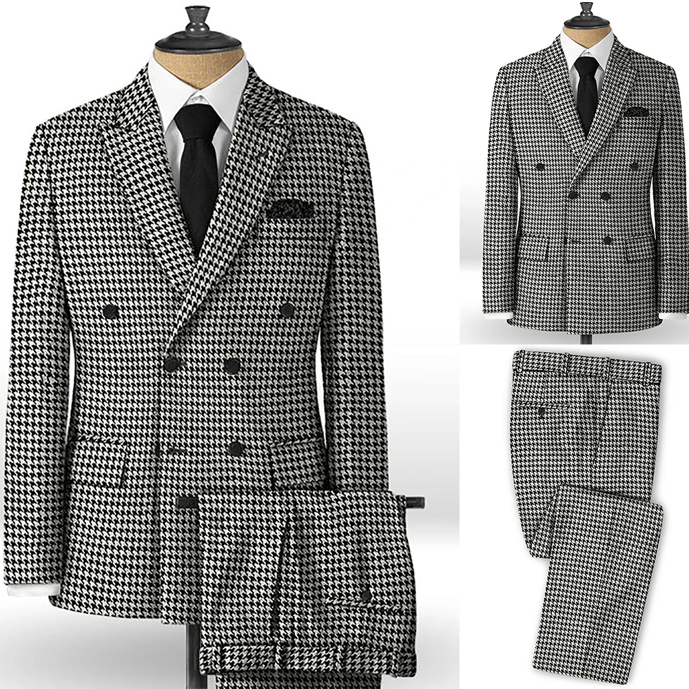 

Houndstooth Men Suit 2 Pieces Business Blazer Pants Double Breasted Fashion Wedding Groom Formal Work Wear Party Causal Tailored