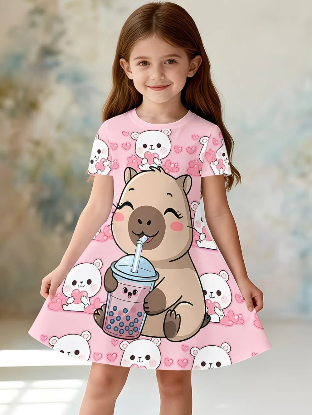 Girl Clothes Cartoon Capybara Print Girls Short Sleeve Princess Dresses Summer Kids Clothes Party Birthday Gifts Dress for Girls