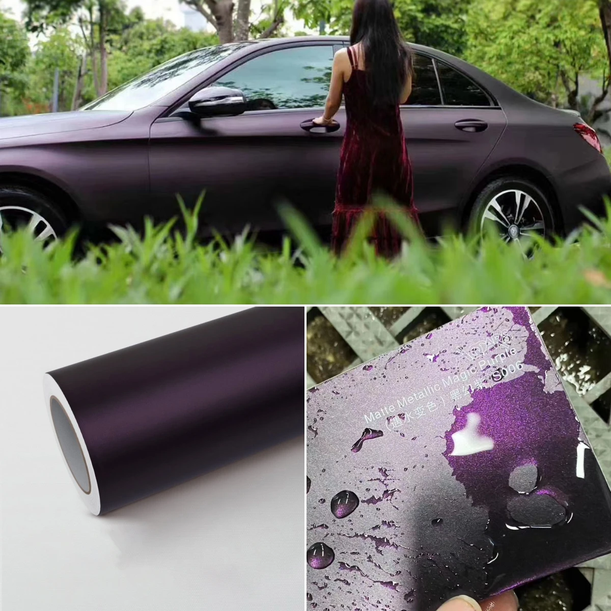 Premium PET Auto Vinyl Film Easy Install Car Body Wrap Stretchable Removable Bubble-Free Magic Black Purple for Vehicle