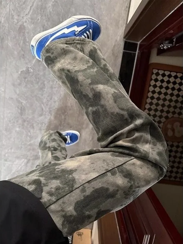 

Мужские джинсы прямого кроя в американском ретро-стиле с эффектом тай-дай, камуфляжным узором, средней посадкой, на молнии, для весны и осени, повседневные брюки