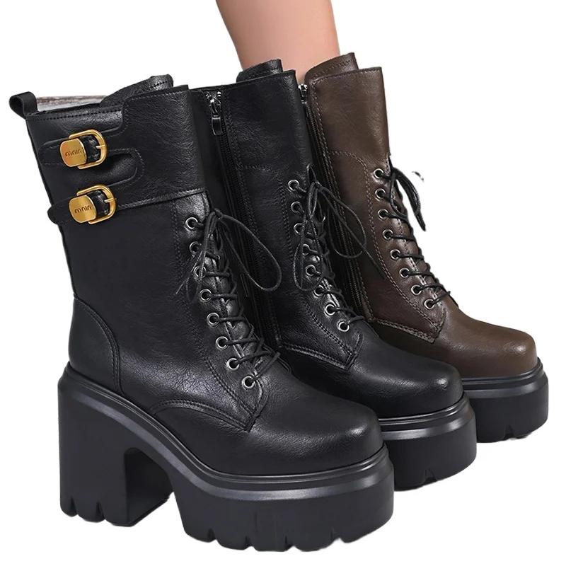 

Весенне-осенне-зимние новые тонкие женские современные ботинки до середины икры на очень высоком каблуке 11 см на платформе с перекрестной завязкой и пряжкой из натуральной кожи