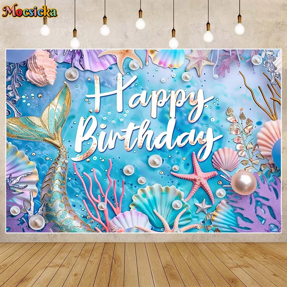 

Mocsicka Mermaid Princess Birthday Background Underwater Seashells Pearls Girls Birthday Party Decor Baby Photo Background Props