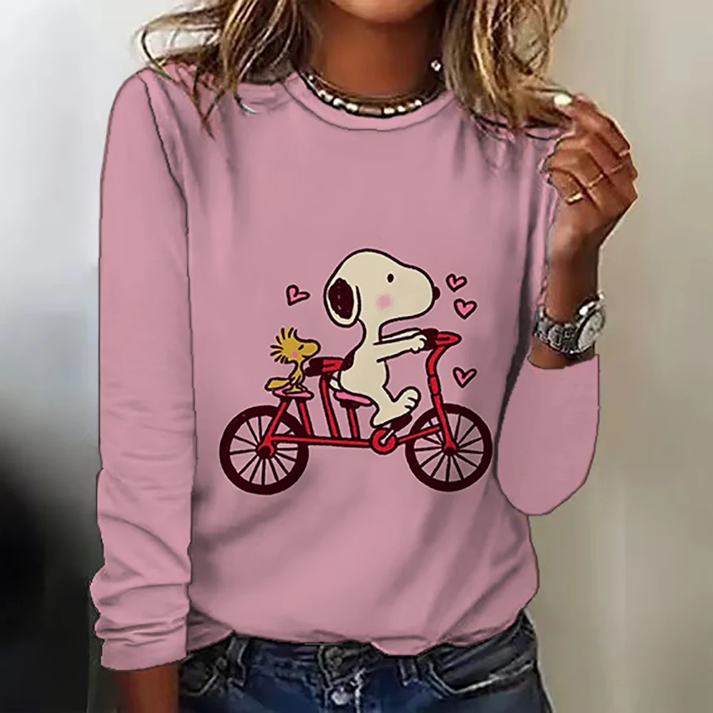 سنوبي مطبوعة خمر المرأة تي شيرت الخريف قميص قطني بكم طويل تي شيرت بلايز مصمم عادية فضفاض س الرقبة النساء الملابس