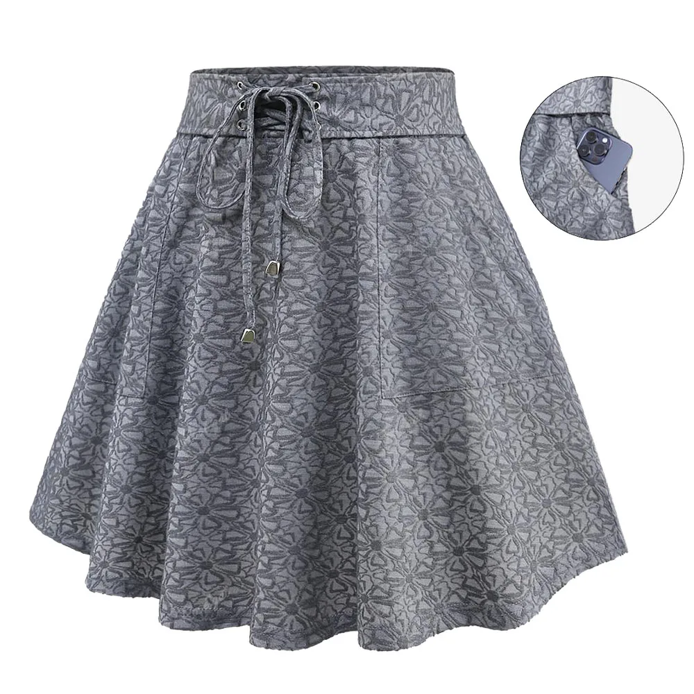 ROSEGAL Plus Size Women\'s Brief Skirts Gray Daisy Terry Jacquard Lace Up Pockets A Line Skirt Elastic Waist Mini Skirt Bottoms