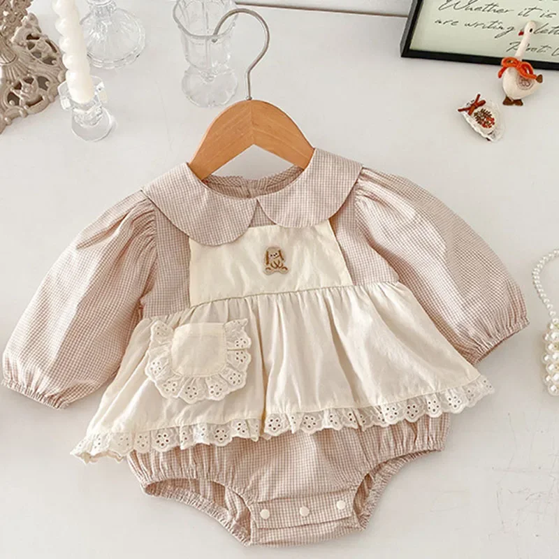 2025 New Spring Newborn Baby Girl Jumpsuit Long Sleeved Cotton Grid Splicing Infant Baby Girl Bodysuits 0-24M Children Clothes