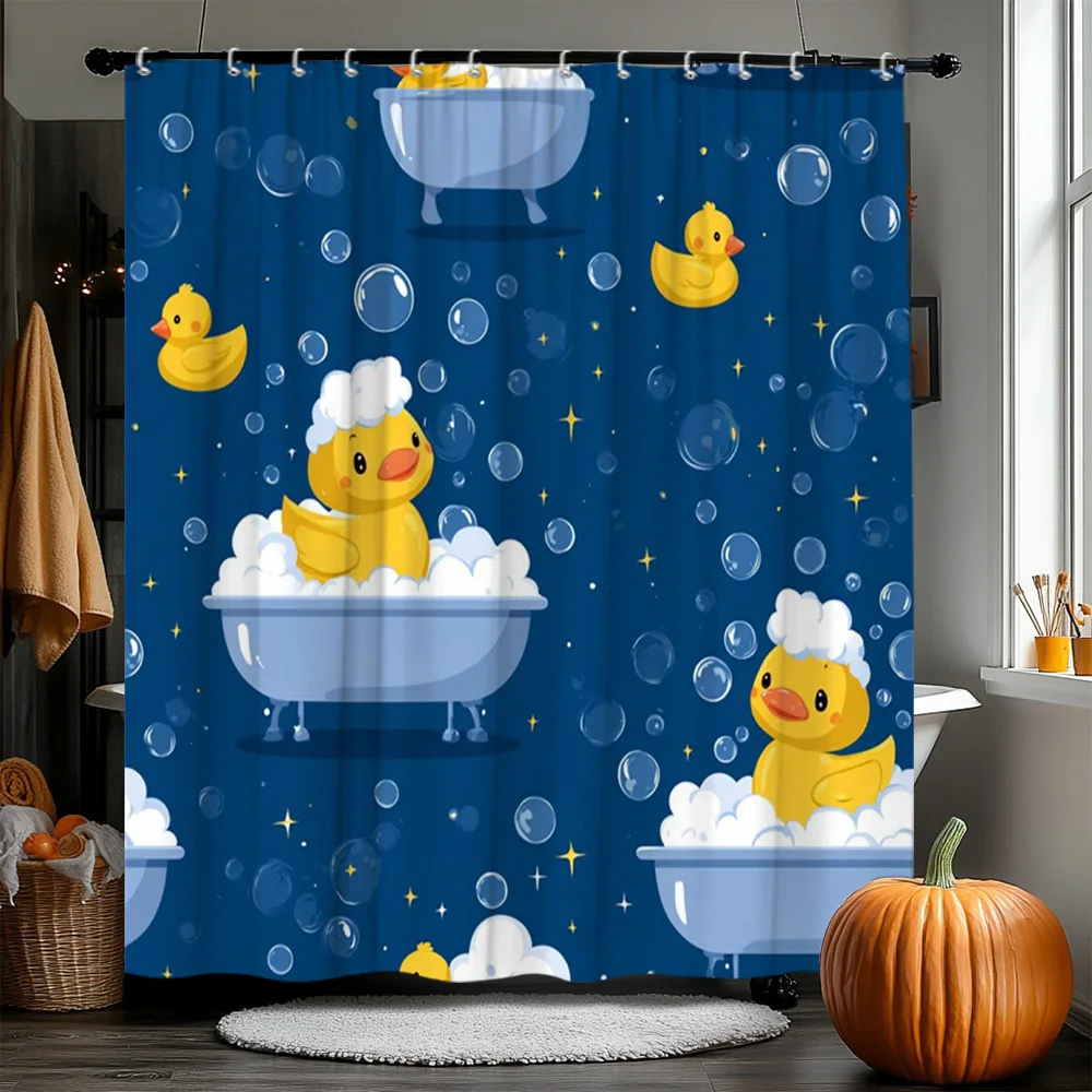 

Cute Yellow Duck in Bubble Bath Shower Curtain Waterproof Easy to Clean Privacy Protection Print Cartoon Design Kids Quick Setup