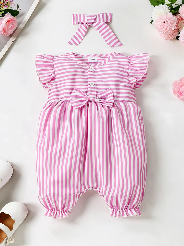 Baby Girl Summer 2-Piece Outfit Cute Striped Small Flying Sleeve Bowknot One-Piece Shorts with Headwrap