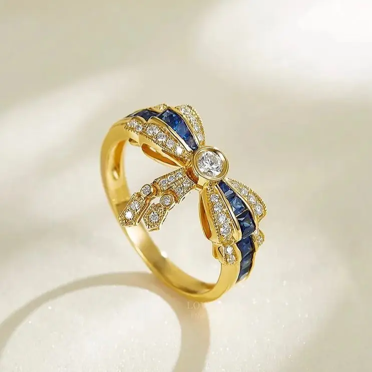 Versatile Women's 18K Gold Bow Sapphire Diamond Ring Luxury Fashion Original Design Gift