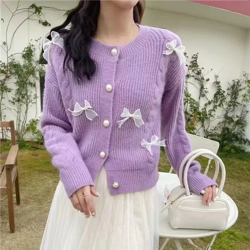 Gagarich Korean Round Neck College Sweater Women 2024 Autumn Winter New Gentle Western-style Butterfly Bow Ribbon Knit Cardigan