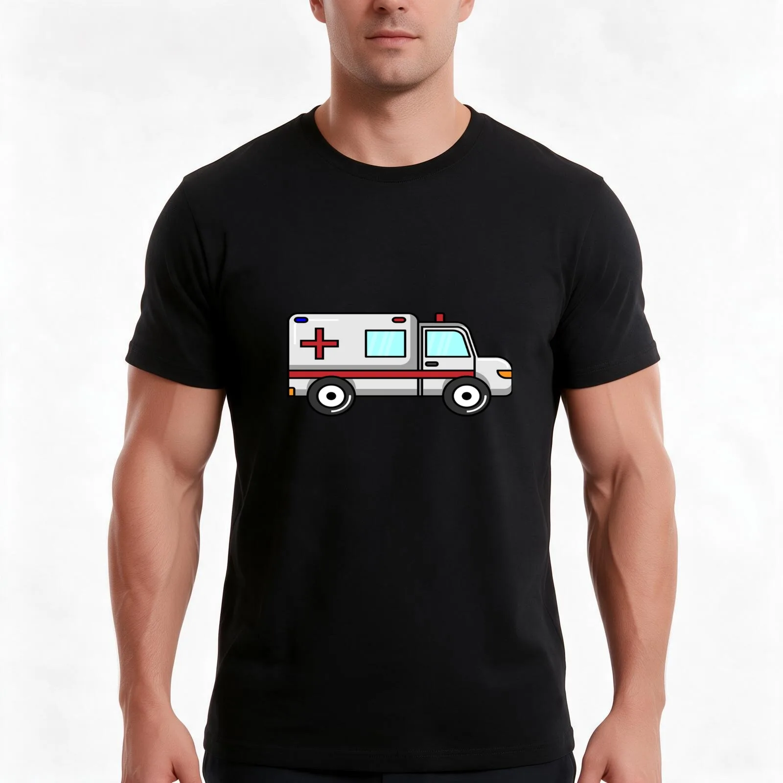 Cartoon ambulance on yellow background T-Shirt, Summer Casual Cotton Tee, Oversized Streetwear Tops, Vintage Graphic Print