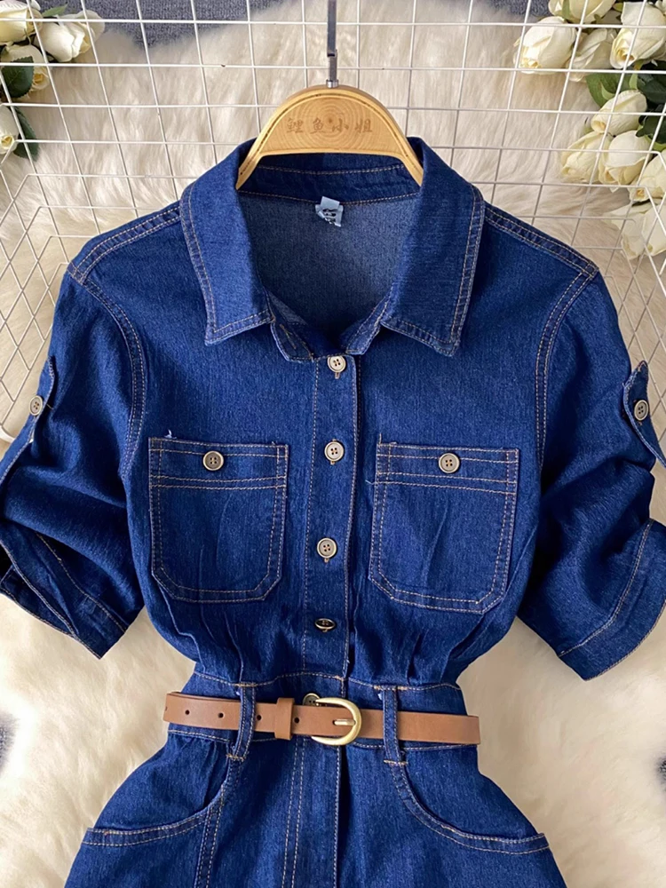 summer fashion Split denim dress package hip puff sleeve single-breasted women slim Square collar jeans dress