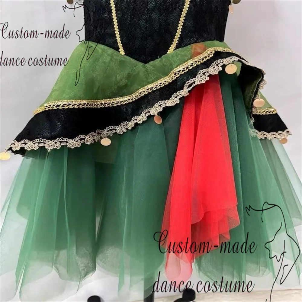Jupe de ballet à variation pour femme Esmeralda, vert foncé, noir, rouge, broderie dorée, jupe longue en gaze moelleuse sertie de diamants