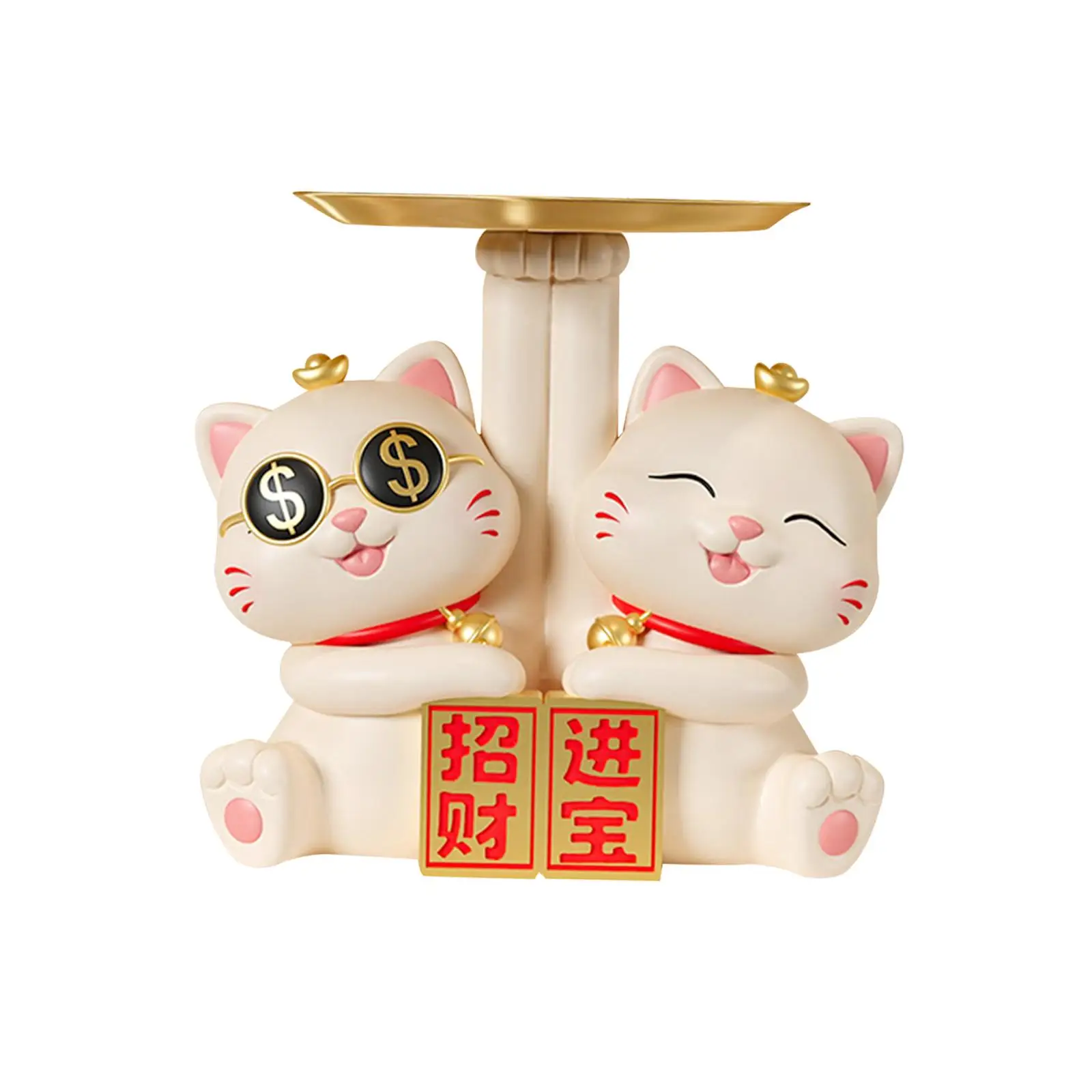 Lucky Cats Statue Tabletop Organizer Home Decor Creative Sculpture Key Storage Tray Jewelry Trinket Tray for Bookshelf Home