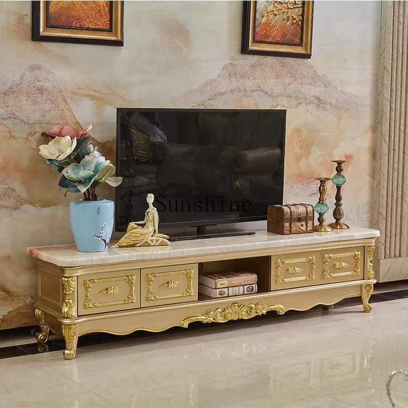 

European TV cabinet coffee table combination living room solid wood carving flower champagne gold storage cabinet