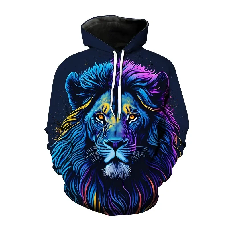 New Men Fashion Hooded 3D Printed Animal Lion Hooded Sweatshirts Casual Loose-fitting Long-sleeved Pocket Hooded Tops