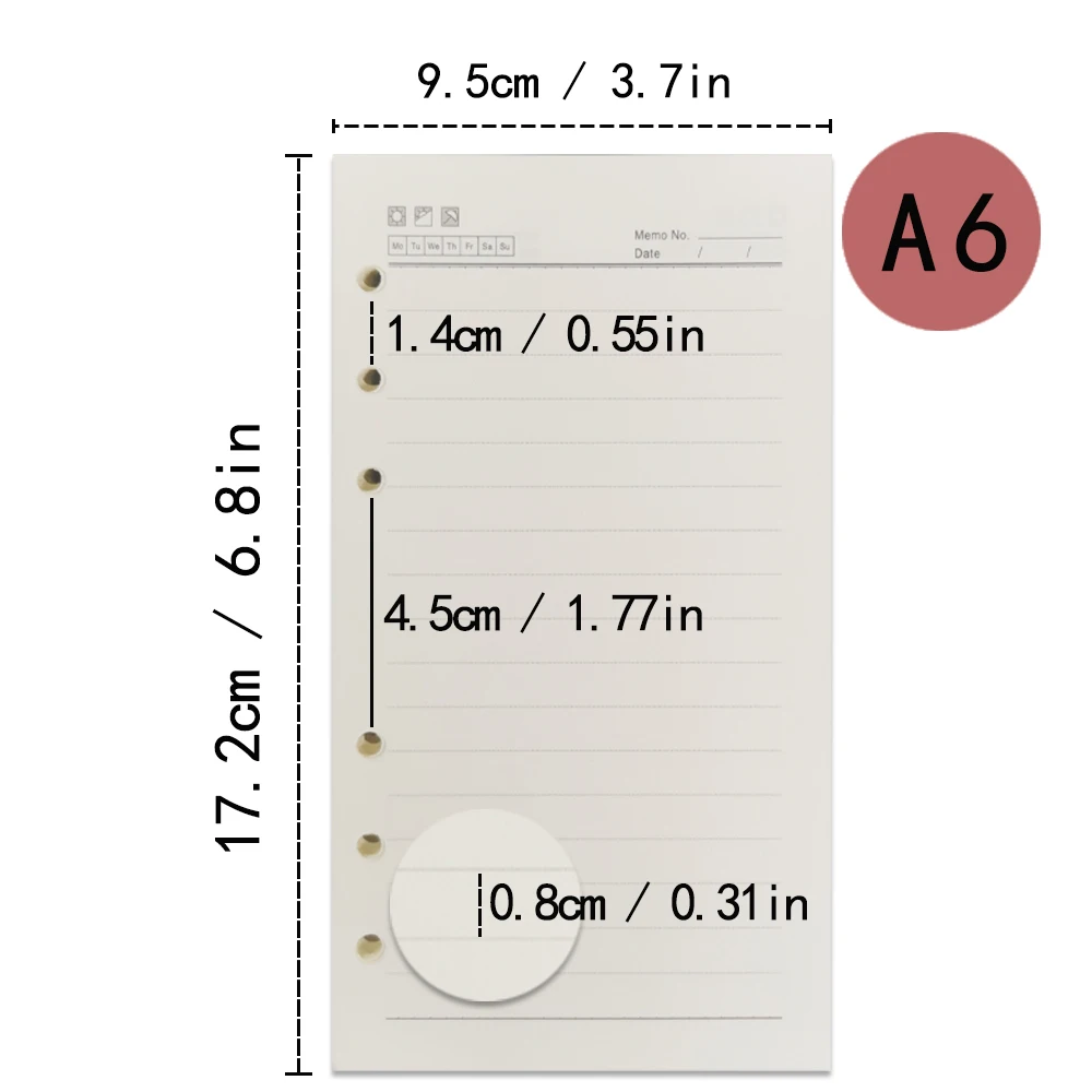 1 Pack A5/A6/A7 Refill Paper, 6 Holes Loose Leaf Paper, 6 Ring Refillable Binder Notebook Planner Diary