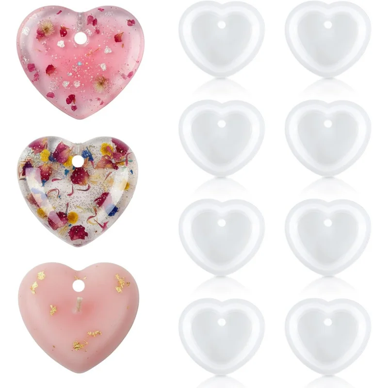 8 Heart-shaped resin mold，Cute love heart-shaped silicone mold，With holes，Can be used for resin DIY Handmade pendant necklace