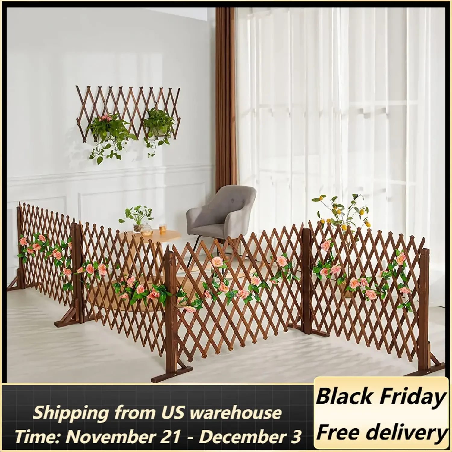 2PCS Expandable Garden Fence Wooden Pet Gate 27.5 x 63 inch Retractable Expanding Fences Barrier Section Partition