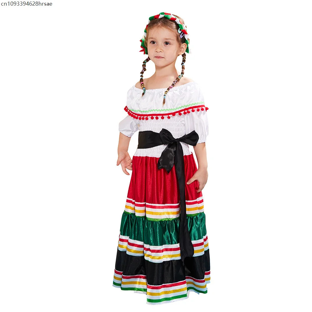

2025 Off The Shoulder Children Peasant Fancy Dress Up Traditional Cinco De Mayo Mexican Fiesta Birthday Party Dress For Girls