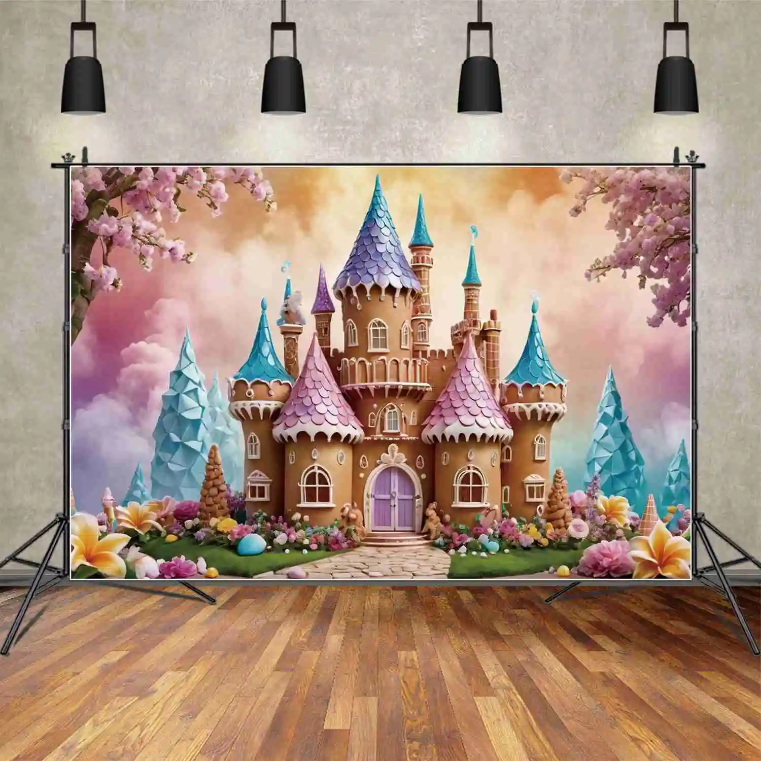 MOON.QG Princess Candyland Birthday Background Children's Castle Lollipop Flower Blossom Backdrops Custom Party Photocall Props