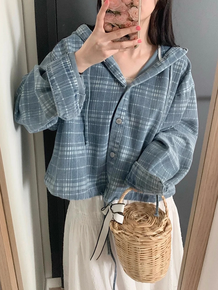 Chic Autumnal Plaid ort Denim Jaet Women's Casual Versatile Loose Fit Dstring Hooded Coat Commuter Sle Faionable