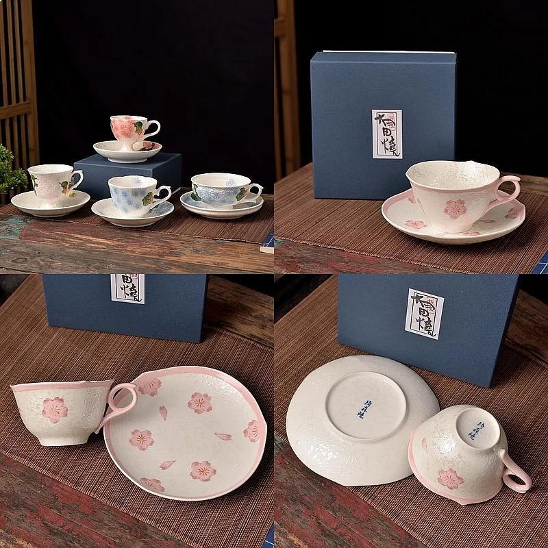 Japanese Arita Yaki Pearl Glaze Pink Sakura Coffee Cup Saucer Hydrangea Flower Relief Tea Cup Set Gift Box Porcelain Drinkware
