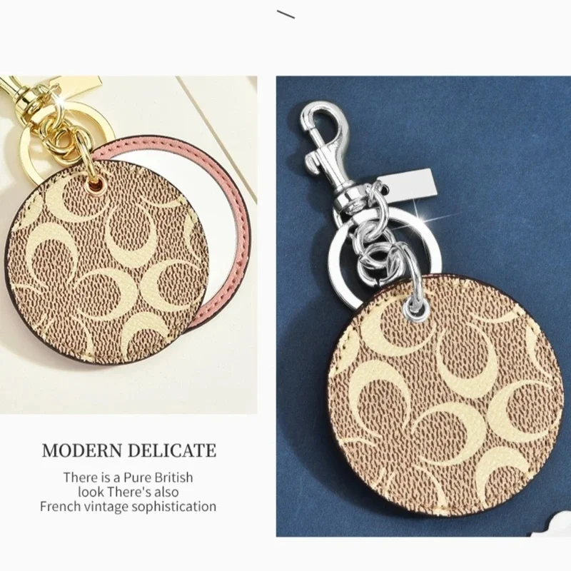 Signature Canvas Mirror Bag Charm Keychain Pink Leather Compact Hidden Mirror for Quick Makeup Touch Up Stylish Daily Accessory image 4