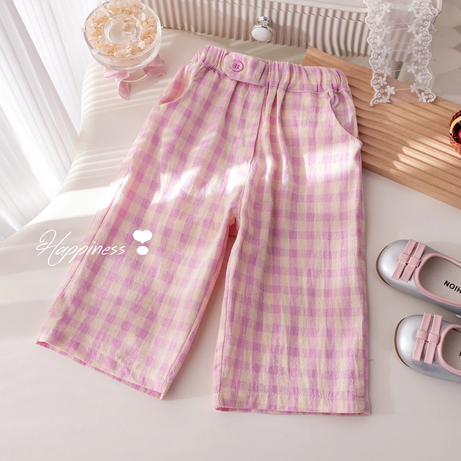 Girls' Korean  Plaid Casual Pants Korean Fashionable Versatile Plaid Loose Wide-leg Pants Medium Children's Straight-leg Pants