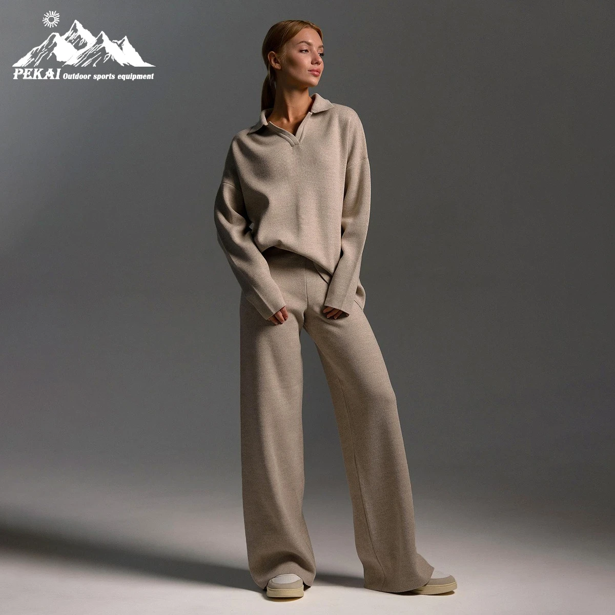 

Вязаный комплект европейского и американского осенне-зимнего свитера, вязаный пуловер с воротником-поло, широкие брюки, комплект из двух предметов