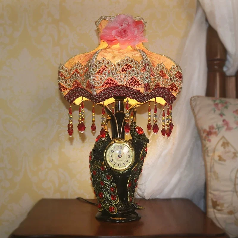 European luxury bedroom, bedside lamp, living room, rural nostalgic homestay, study, retro hotel, antique peacock desk lamp