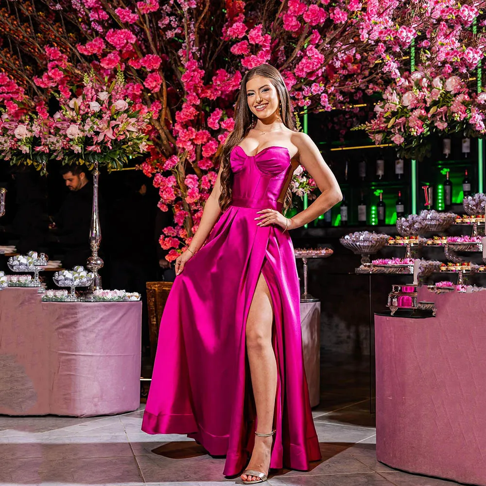 Msikoods Elegant Satin Corset Evening Dresses Sweetheart Slit Fuchsia Prom Dress Party Dress Long Graduation Dress Customizd