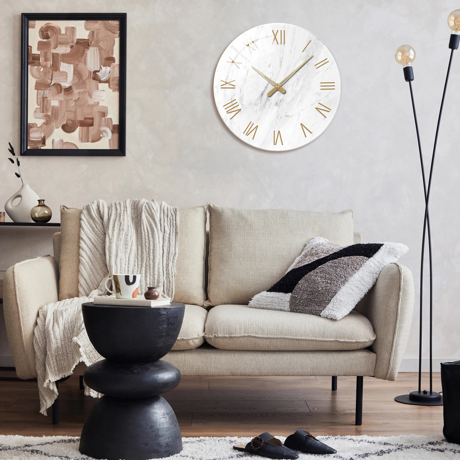 1pc 12 inch tempered glass wall clock, modern simple white marble texture gold Roman numerals design wall clock, home mute clock