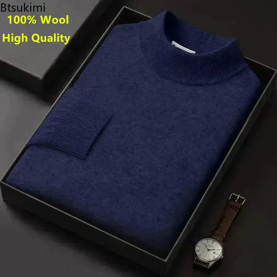 Nuovo maglione caldo lavorato a maglia da uomo Pullover alla moda collo a lupetto 100% maglione di pura lana 2024 maglione di Cashmere Business Casual maschile top