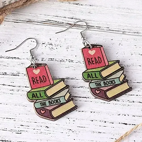 Funny Stackable Book Pencil Drop Dangle for Women Wooden Classic Librarian Teacher Student Graduation Earrings