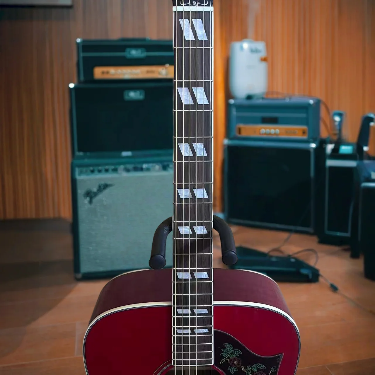 Red Sunburst Acoustic Guitar Spruce Top with Dove Motif Bridge Pickguard Maple Back and Sides Fishman 301 Pickup