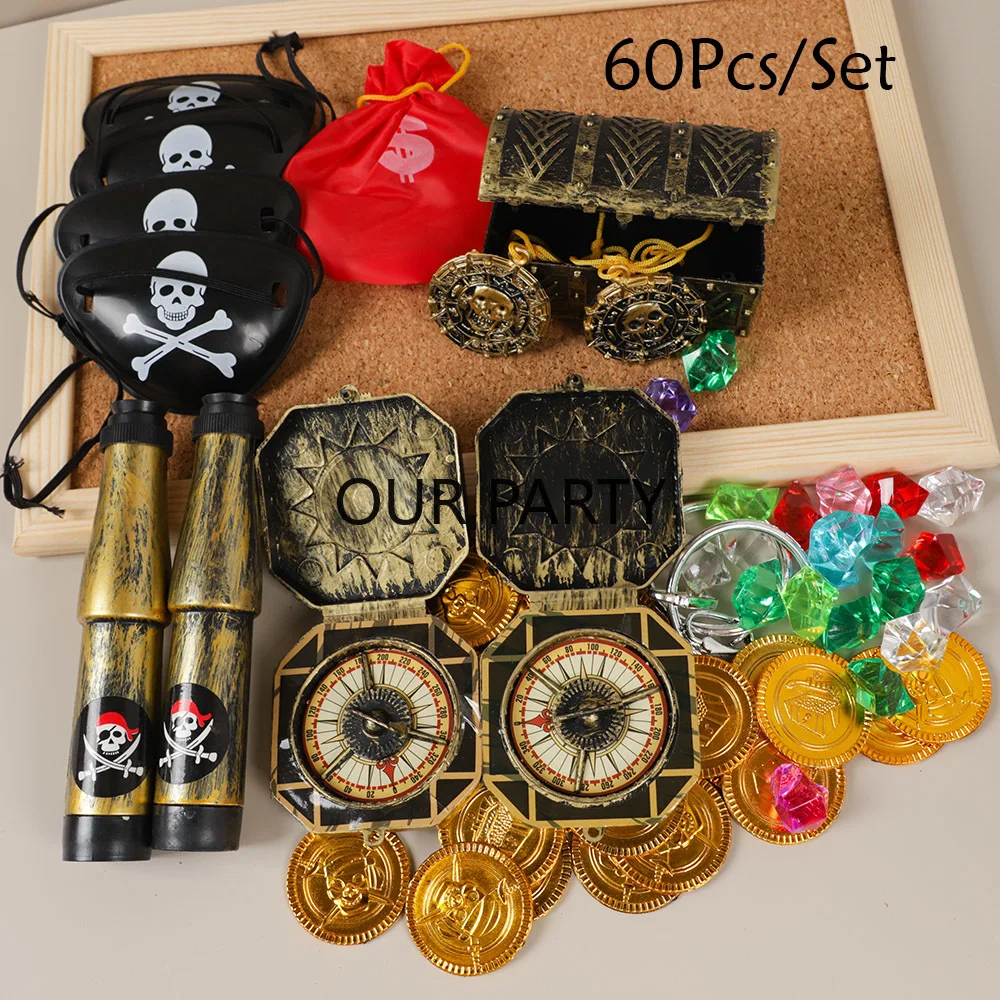 60Pcs Pirate Theme Telescope Compass Eye Patches Gold Coins Treasure Toys for Kids Birthday Party Favors Halloween Party Gifts